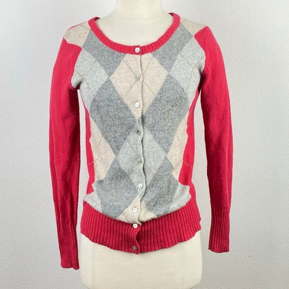 Old Navy Argyle Sweater Cardigan XS Red White Gray Soft Preppy School Girl Geek - Picture 1 of 10